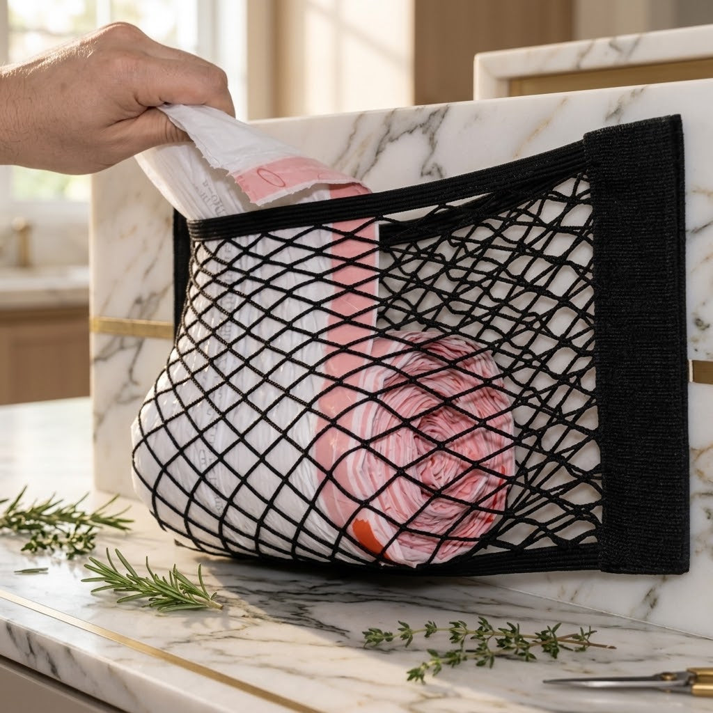 Wall-Mounted Elastic Mesh Bag Organizer for Grocery and Trash Bags