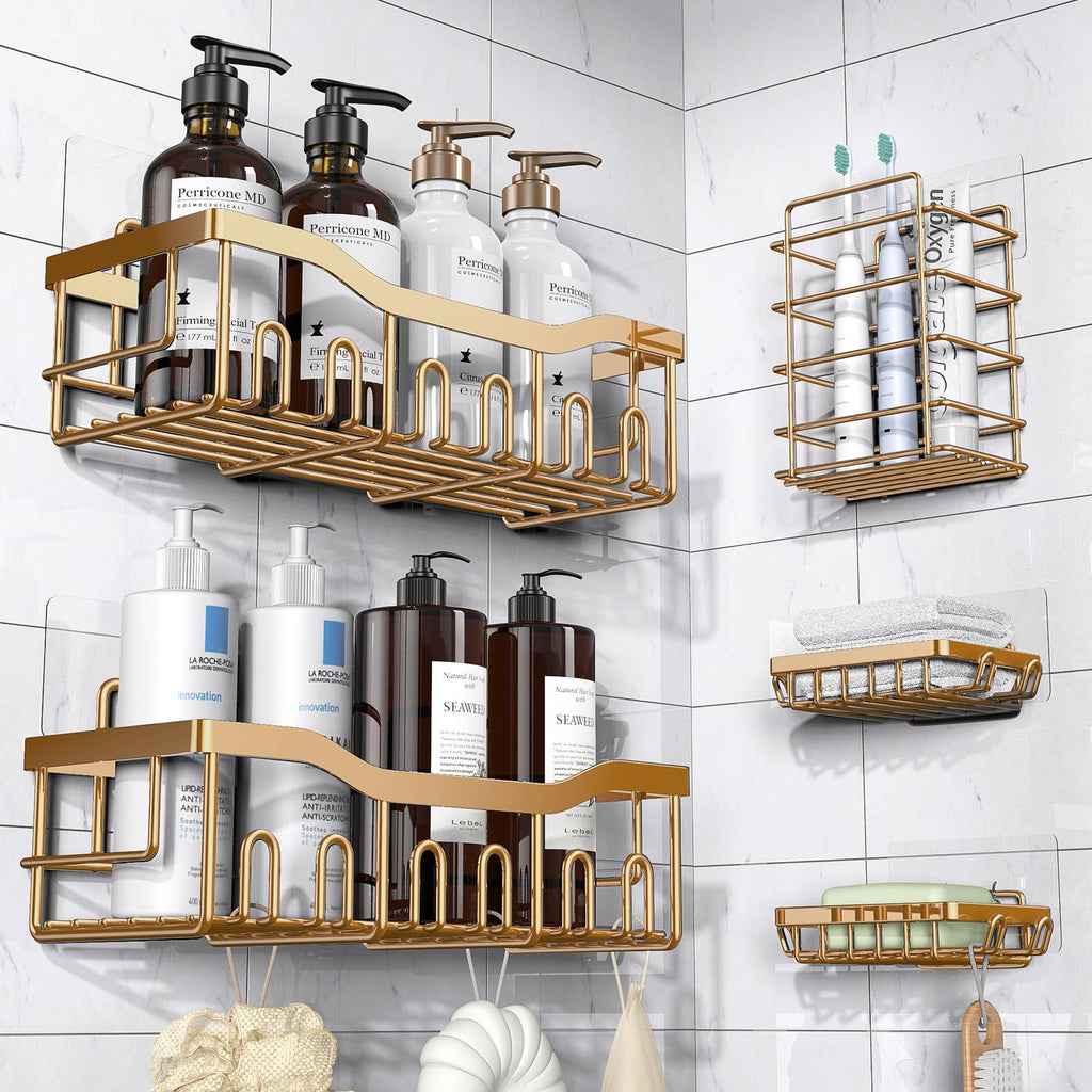 5-Piece Adhesive Stainless Steel Shower Caddy Set, Rose Gold