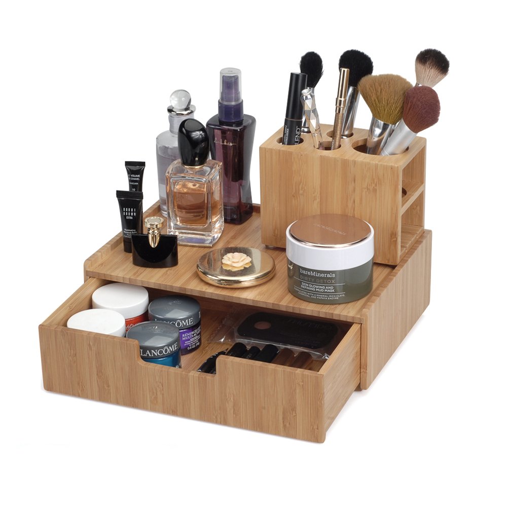 Bamboo Makeup Drawer Organizer and 5-Hole Brush Holder Set