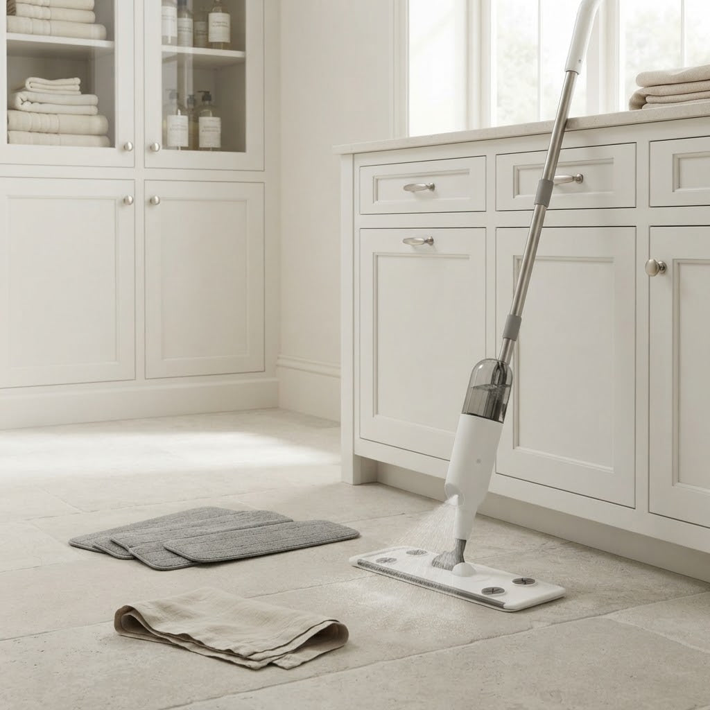 Spray Mop with 350 ml Bottle, Silicone Scraper and 3 Pads, White