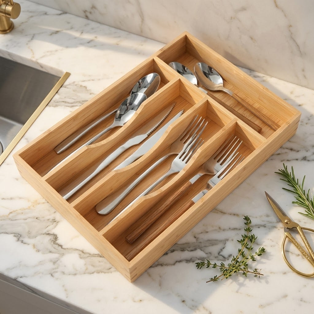 Narrow Bamboo Silverware Organizer for Small Drawers, 5 Slots