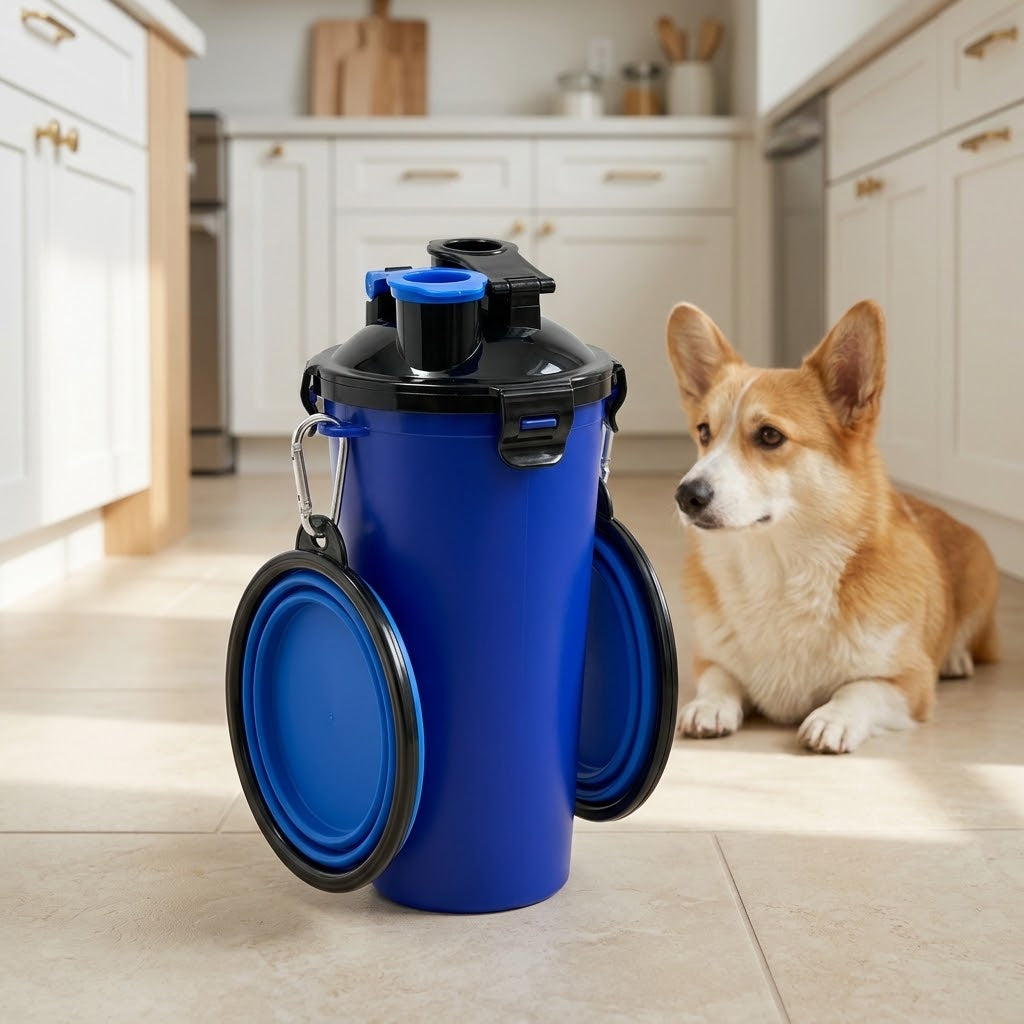 2-in-1 Dog Water Bottle and Food Container with 2 Collapsible Bowls