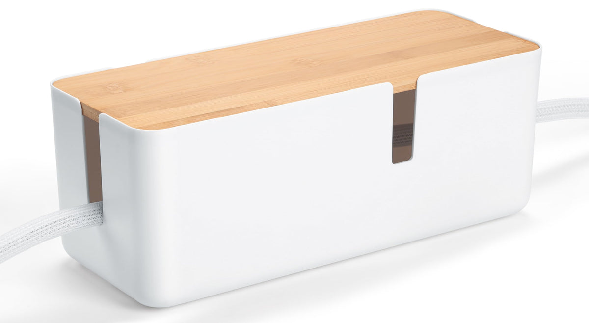 Small Cable Management Box with Bamboo Lid, 12 x 5 in, White