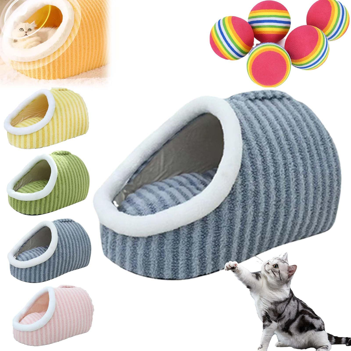 Plush Cave Pet Bed with Removable Cushion and Handle, Small, Blue
