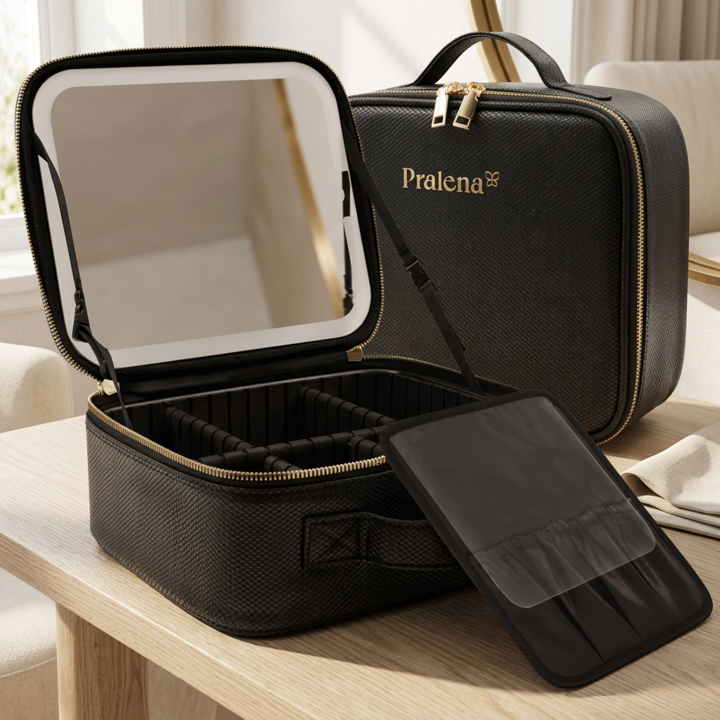 Travel Makeup Bag with LED Mirror, 3 Light Modes, Black