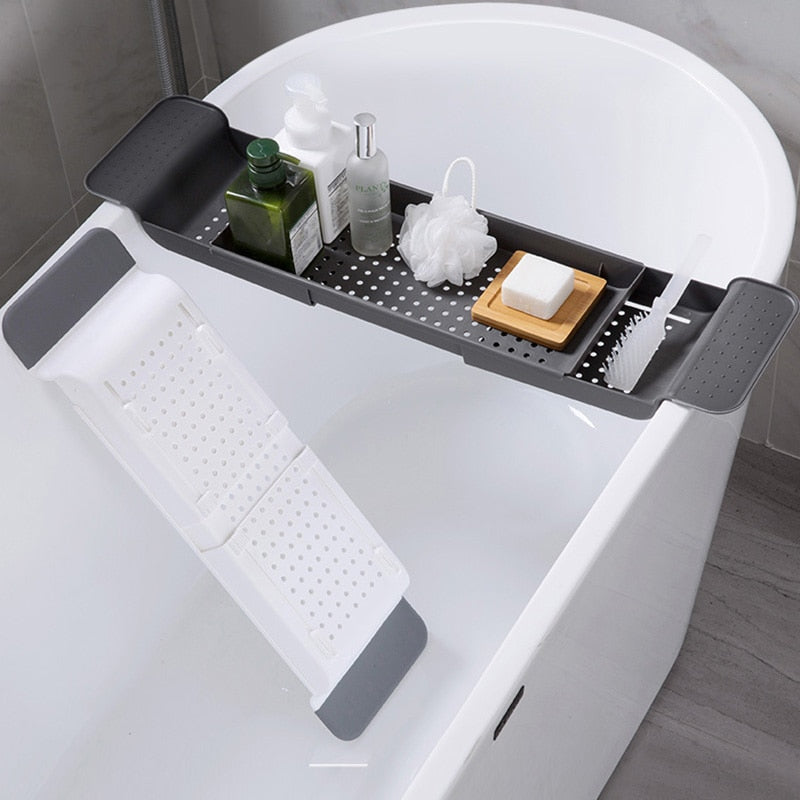 Retractable Bathtub Tray Shelf, Adjustable Width, White or Black Ash