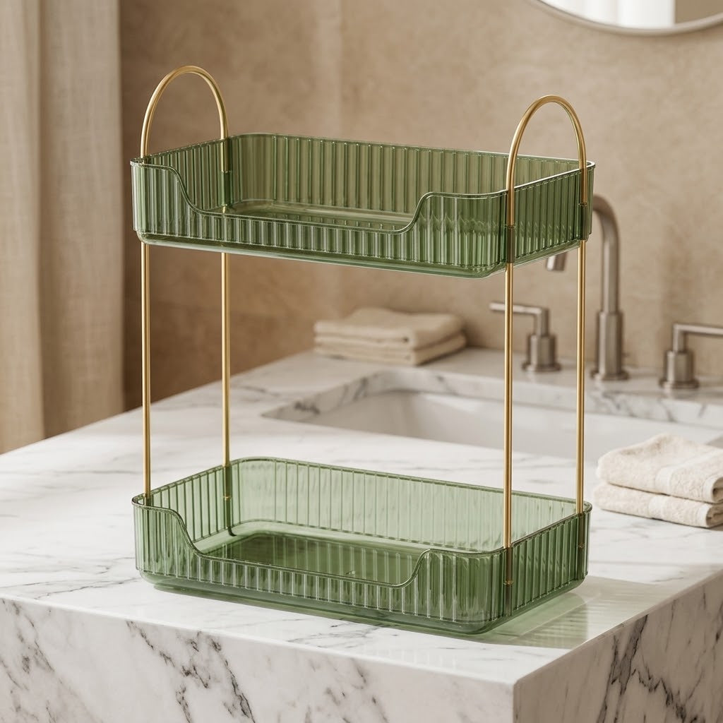 2-Tier Countertop Vanity Organizer, Vintage Green Tray, Gold Rod