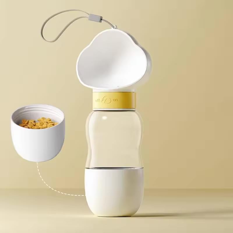 2-in-1 Dog Water Bottle with Detachable Food Bowl, 350 ml, White
