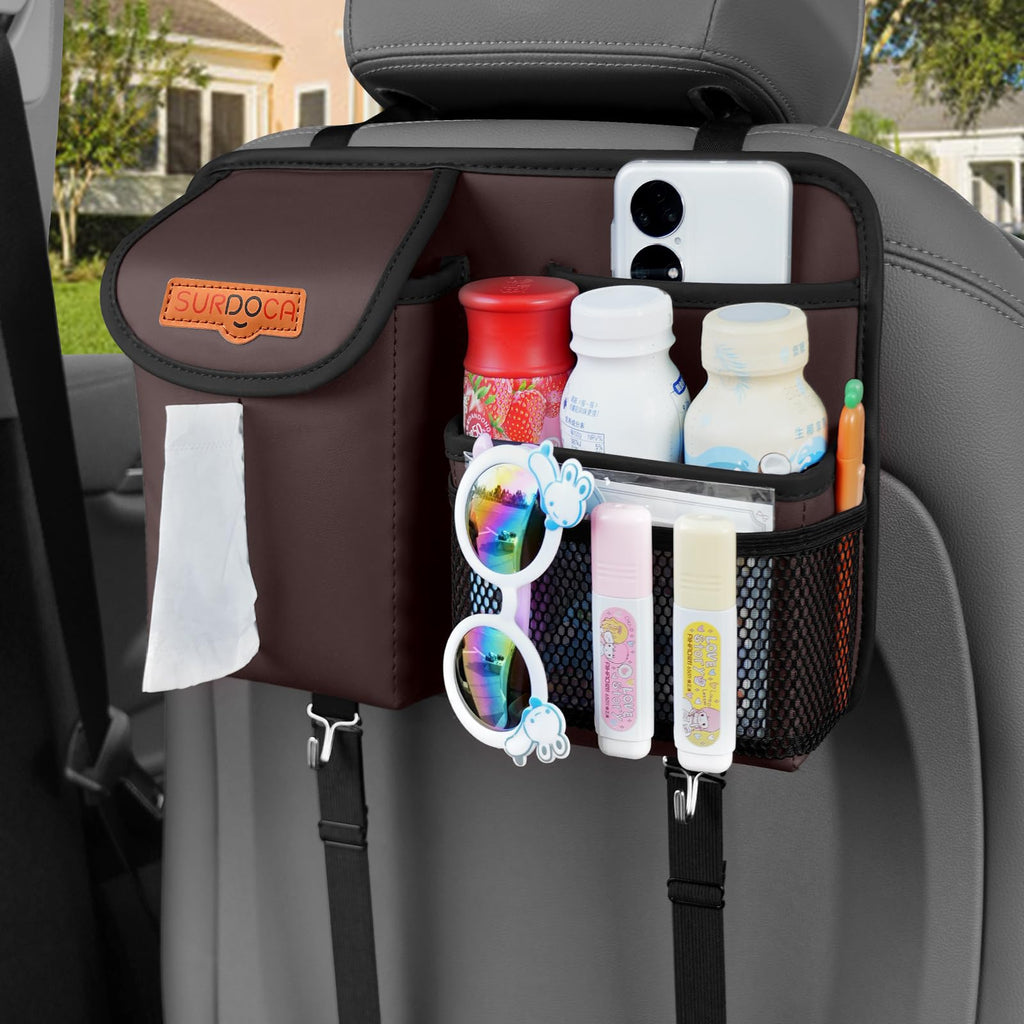 Leather Car Seat Organizer with Tissue Holder and Purse Hooks