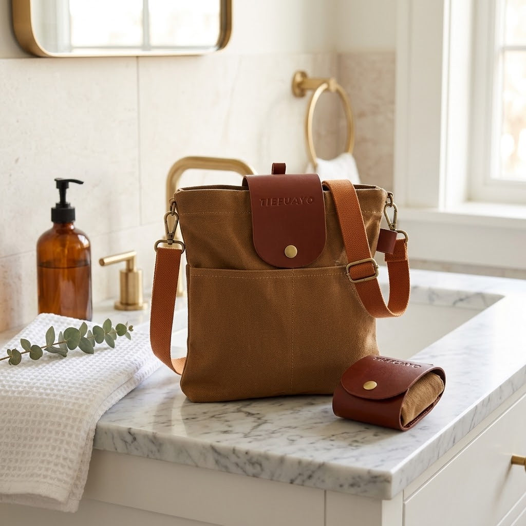 Water-Resistant Waxed Canvas Foraging Bag with Belt Clasps, Brown