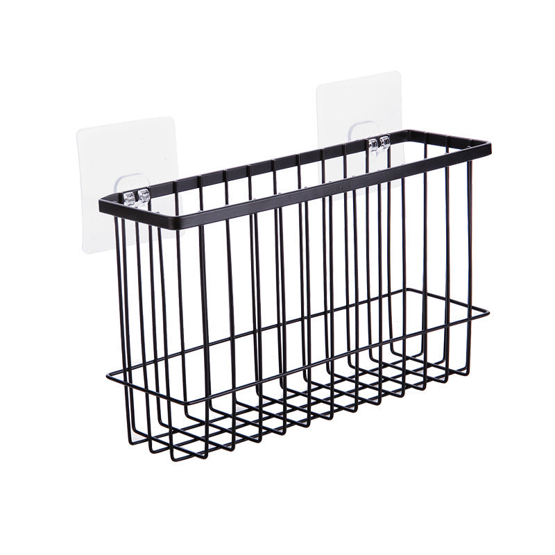 No-Drill Iron Wall Basket Rack with 2 Hooks, Black or White