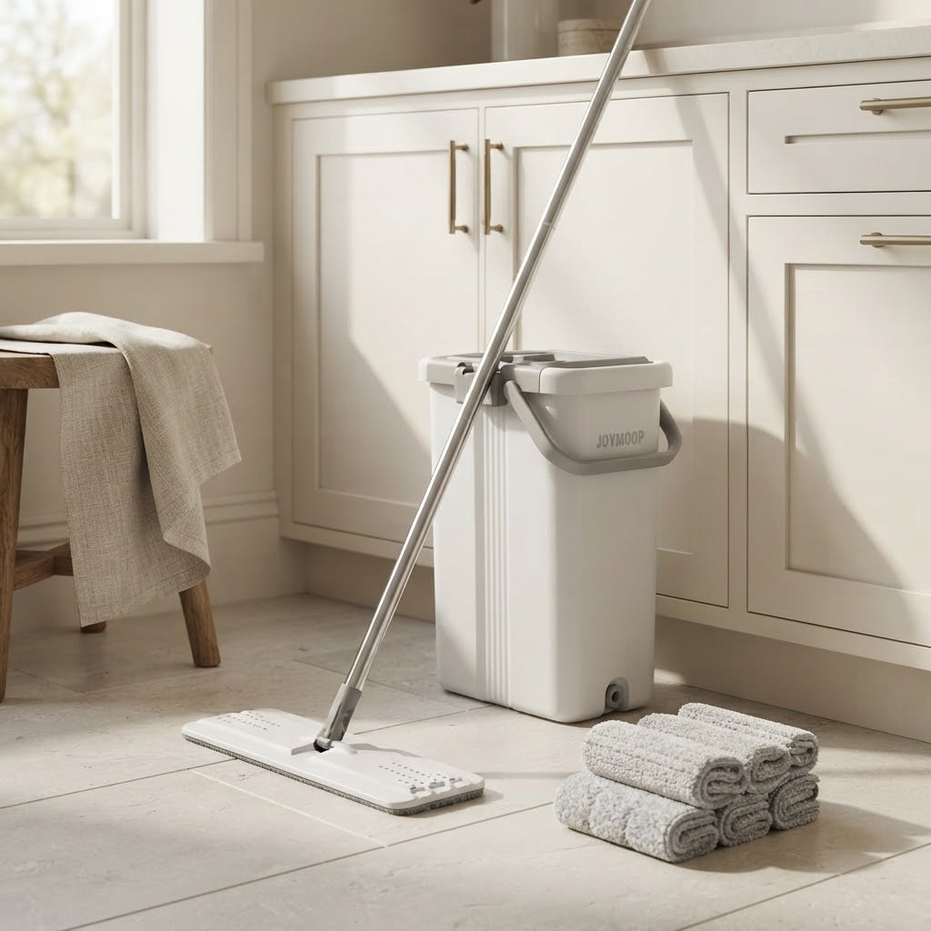 Extra-Large Flat Mop and Wringer Bucket Set with 5 Pads, White