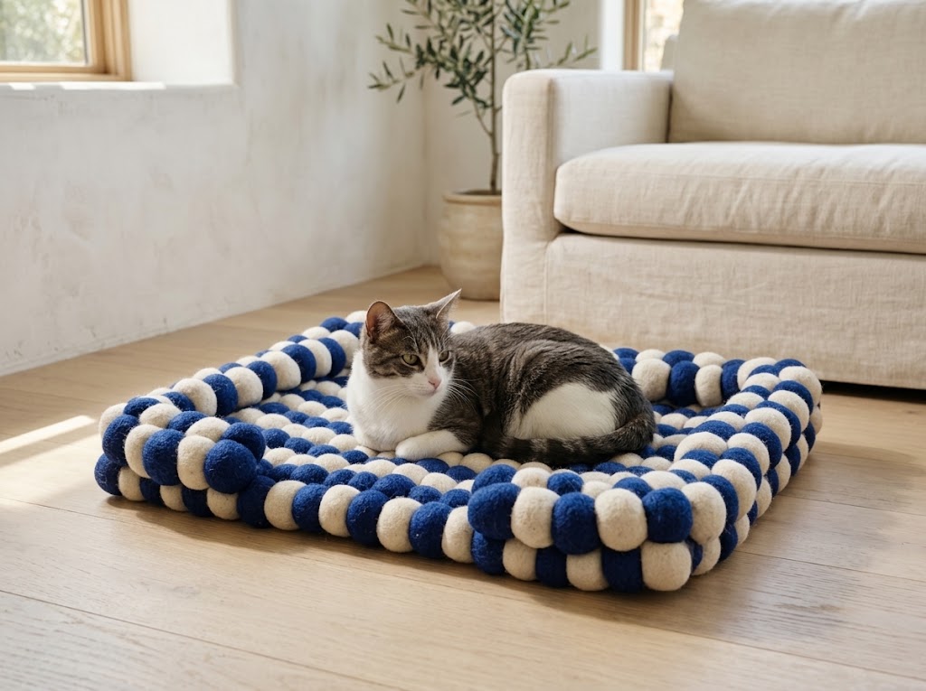 Handmade Wool Felt Ball Pet Bed for Cats and Small Dogs, Navy