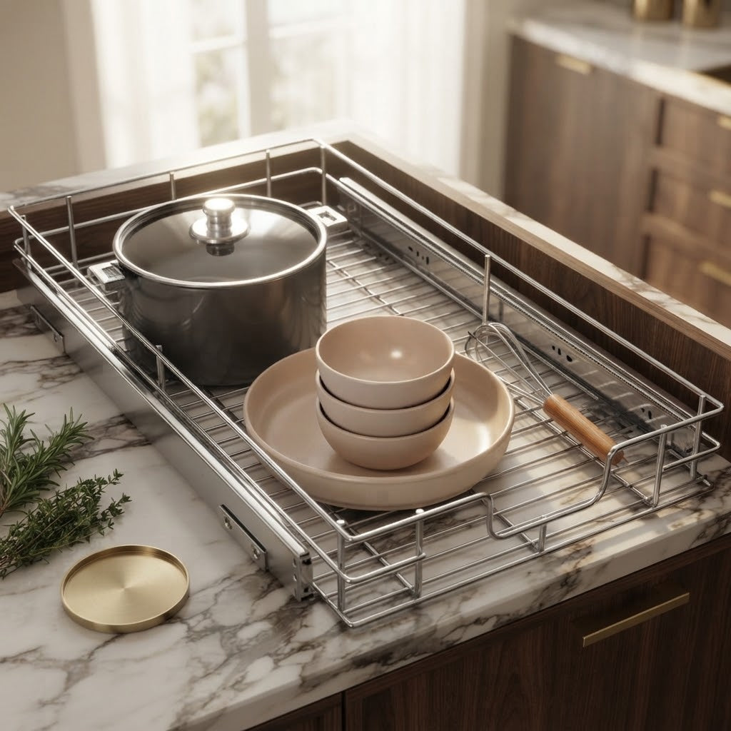 Slide-Out Chrome Steel Cabinet Organizer, 11 x 21 in, Holds 50 lb