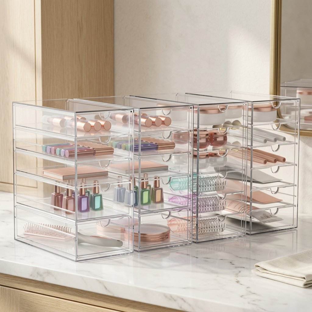 Clear Stackable Makeup Organizer with 22 Drawers, 4-Piece Set