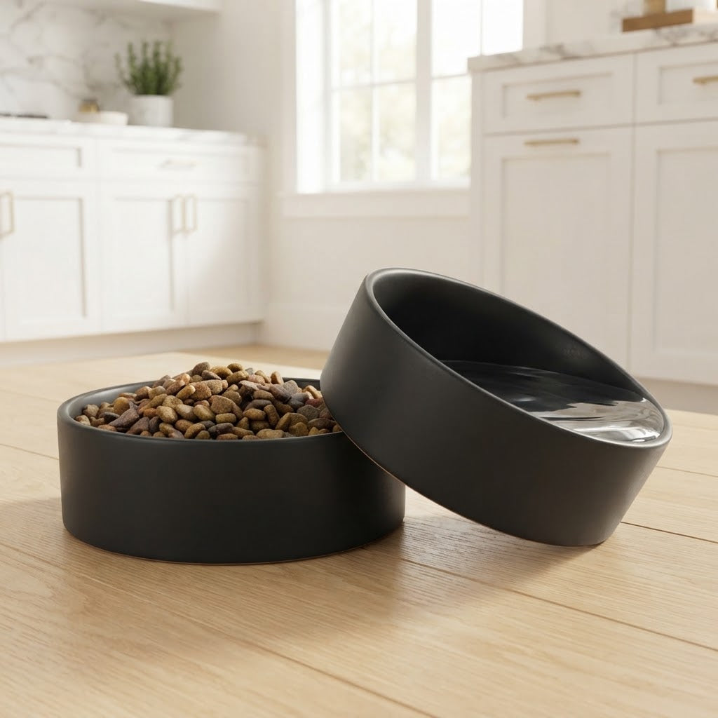 Small Matte Stoneware Pet Bowls, 5 in, Set of 2, Black