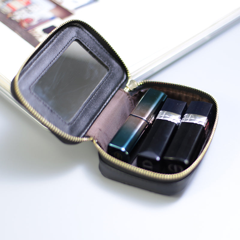Square Leather Travel Makeup Case with Mirror, 5 Colors