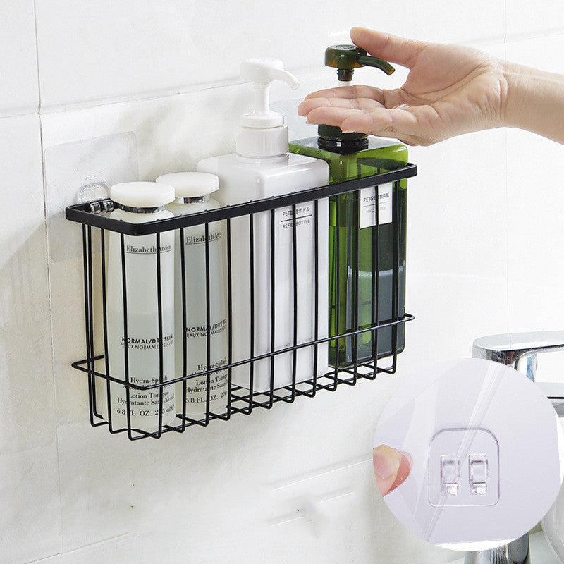 No-Drill Iron Wall Basket Rack with 2 Hooks, Black or White