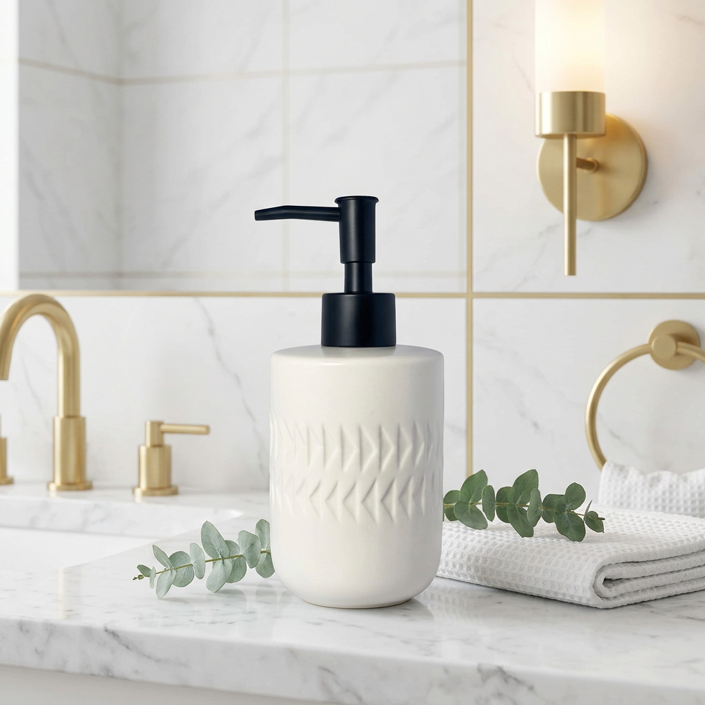Ceramic Relief Soap Dispenser with Matte Black Pump, 12 oz, White