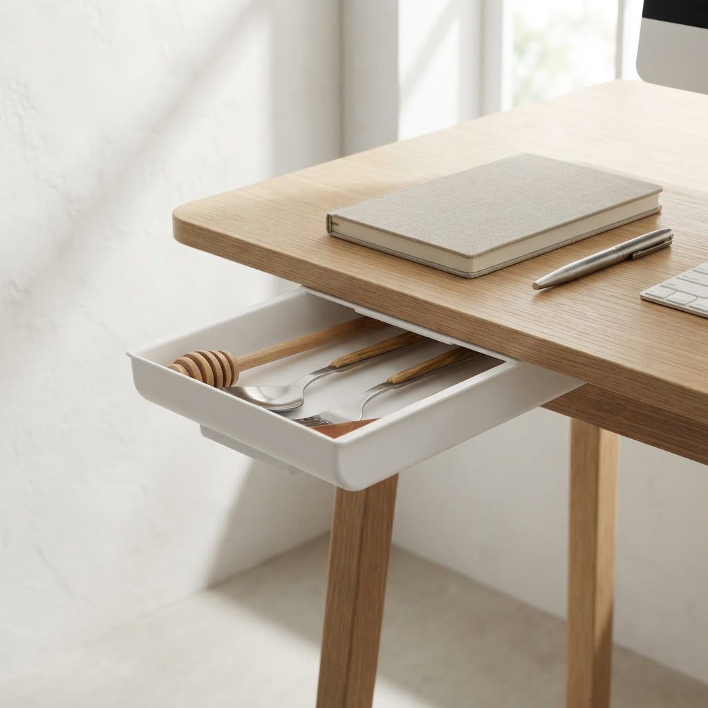 Adhesive Under-Desk Pull-Out Drawer, ABS, White or Grey
