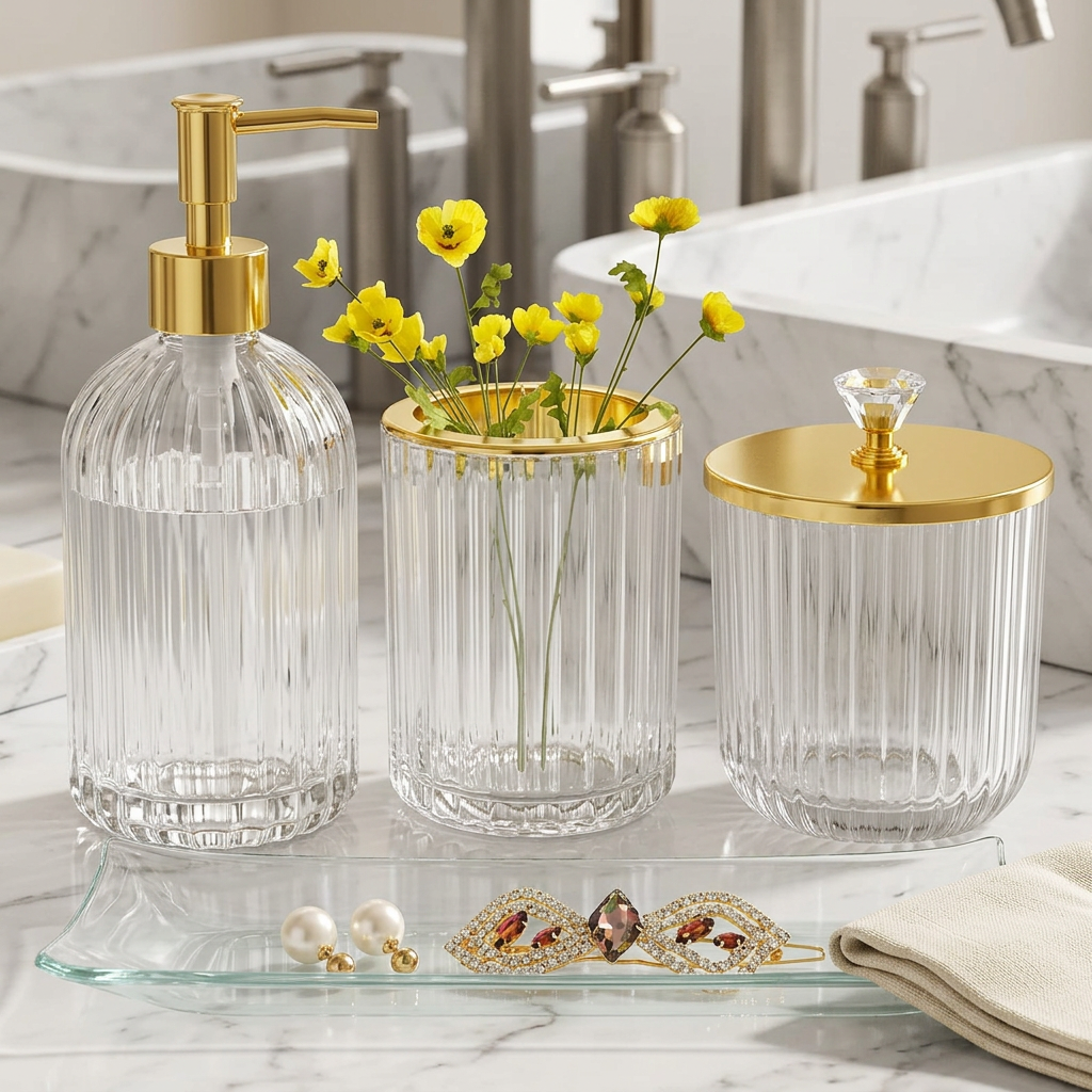 Clear and Gold Glass Bathroom Accessories Set, 4 Pieces