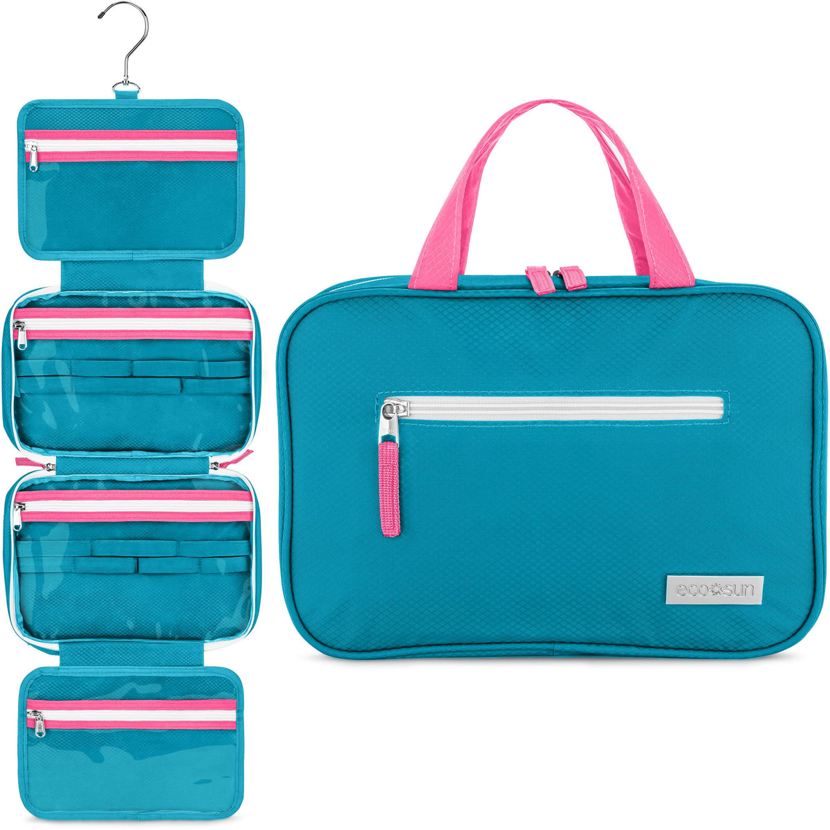 Hanging Toiletry Bag with Clear Pockets, Teal and Hot Pink