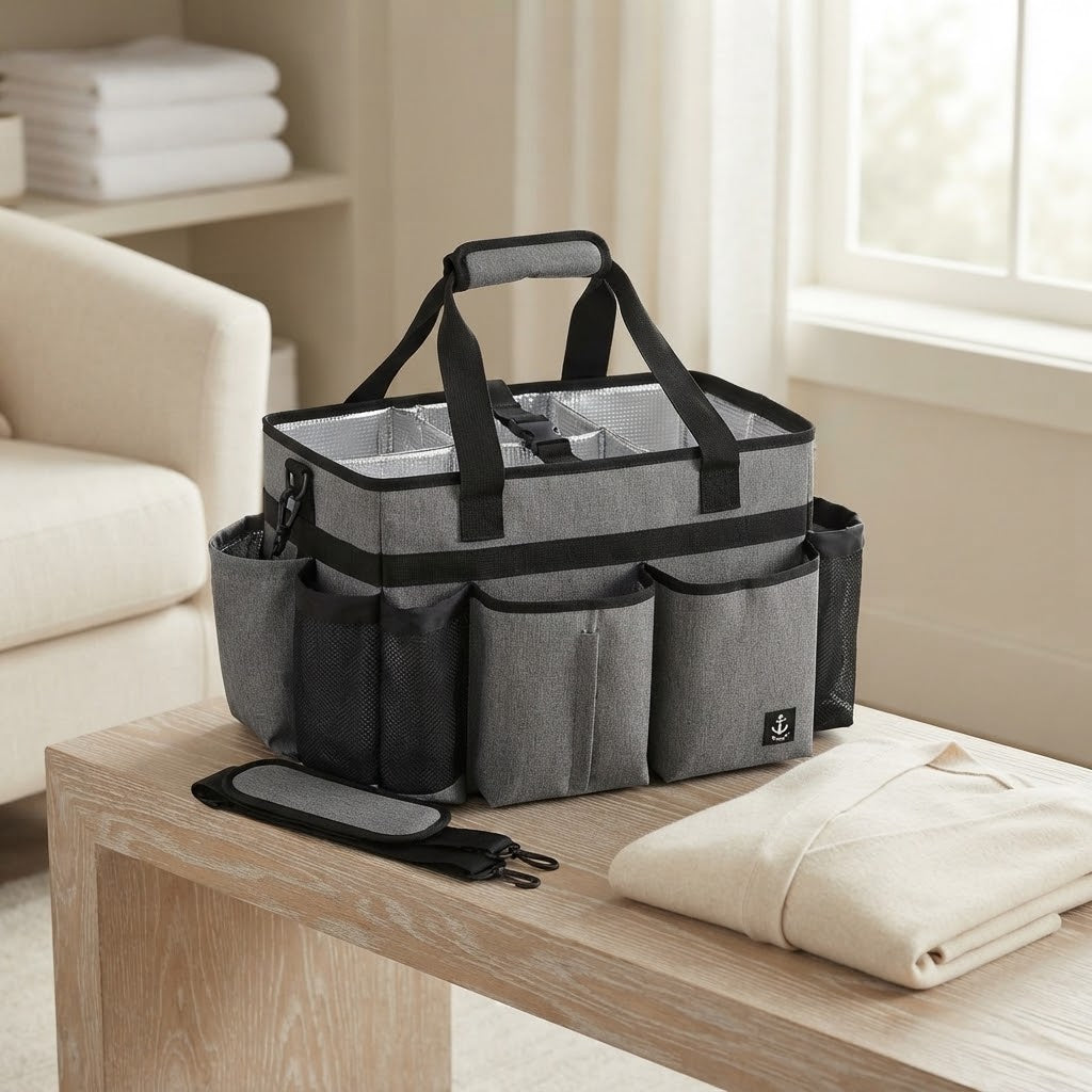 Wearable Cleaning Caddy Bag with Shoulder Strap and Waist Belt, Grey