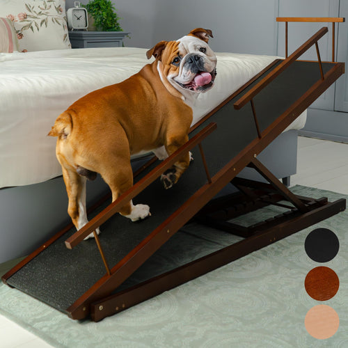 Adjustable Birchwood Dog Ramp for Beds, 7 Heights up to 37 in, Walnut