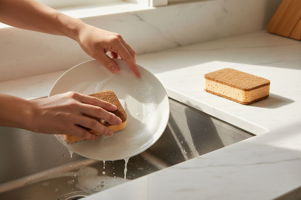 Coconut Fiber Sponge In Action - Kitchen Sink