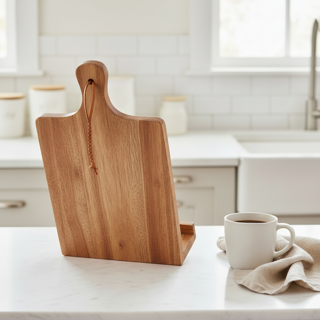 Cookbook Stand - Back Angle with Faux Leather Strap