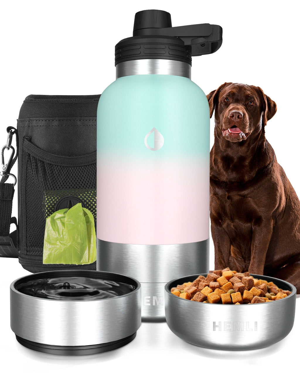 Insulated Dog Travel Bottle with Water and Food Bowls, 32 oz