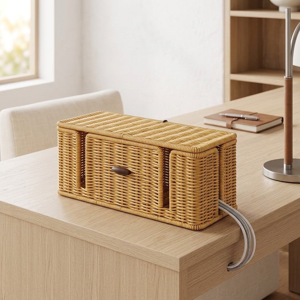 Woven Rattan-Look Cable Box with 4 Open Slots, 13 x 6 in, Natural