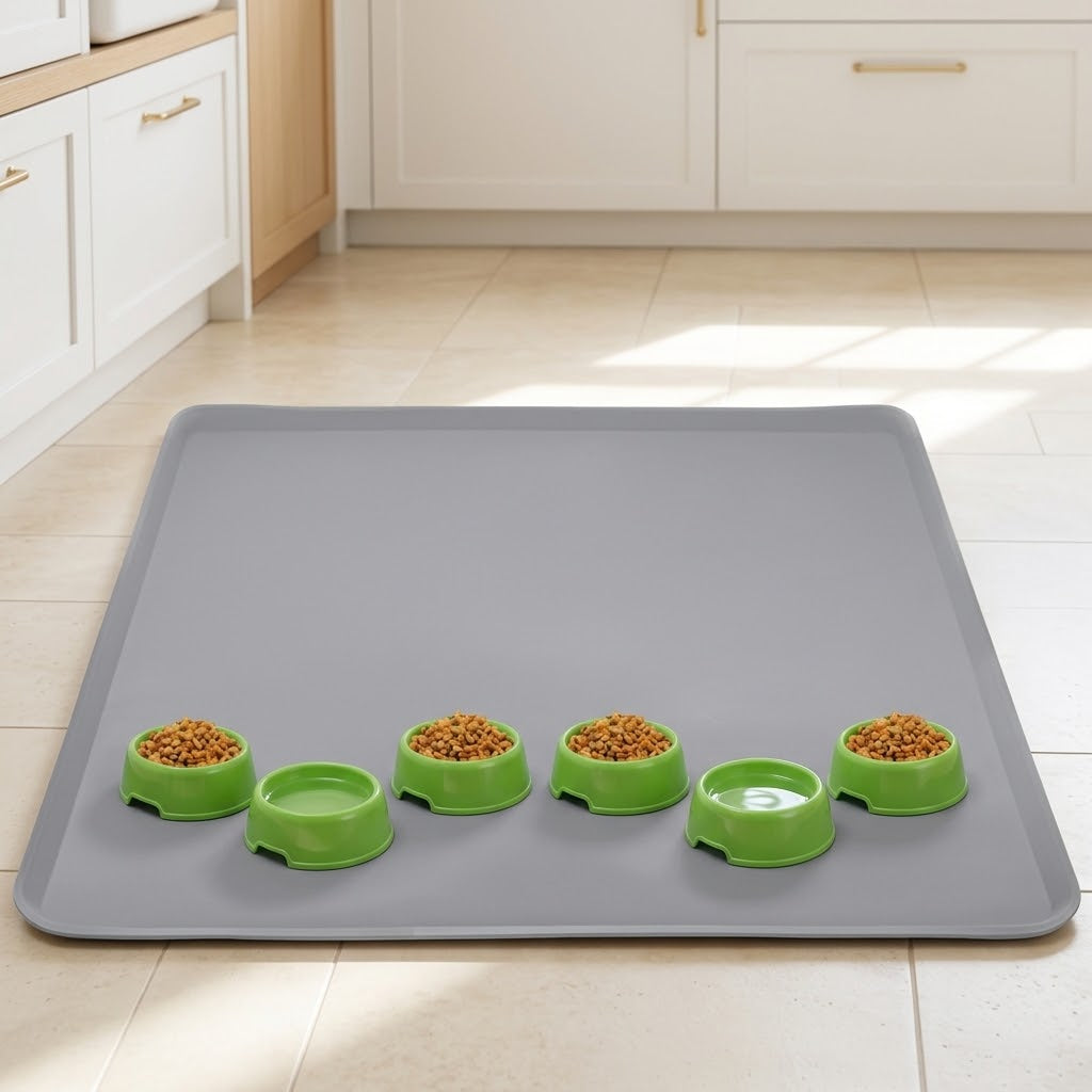 Large Non-Slip Silicone Pet Food Mat, 30 x 36 in, Light Grey