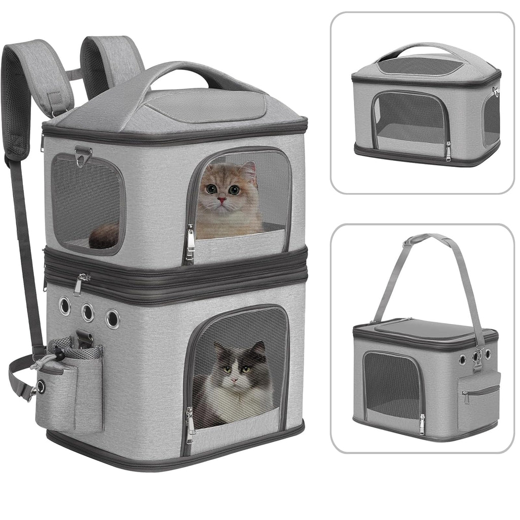 Detachable Double Pet Carrier Backpack for 2 Cats or Dogs, Grey