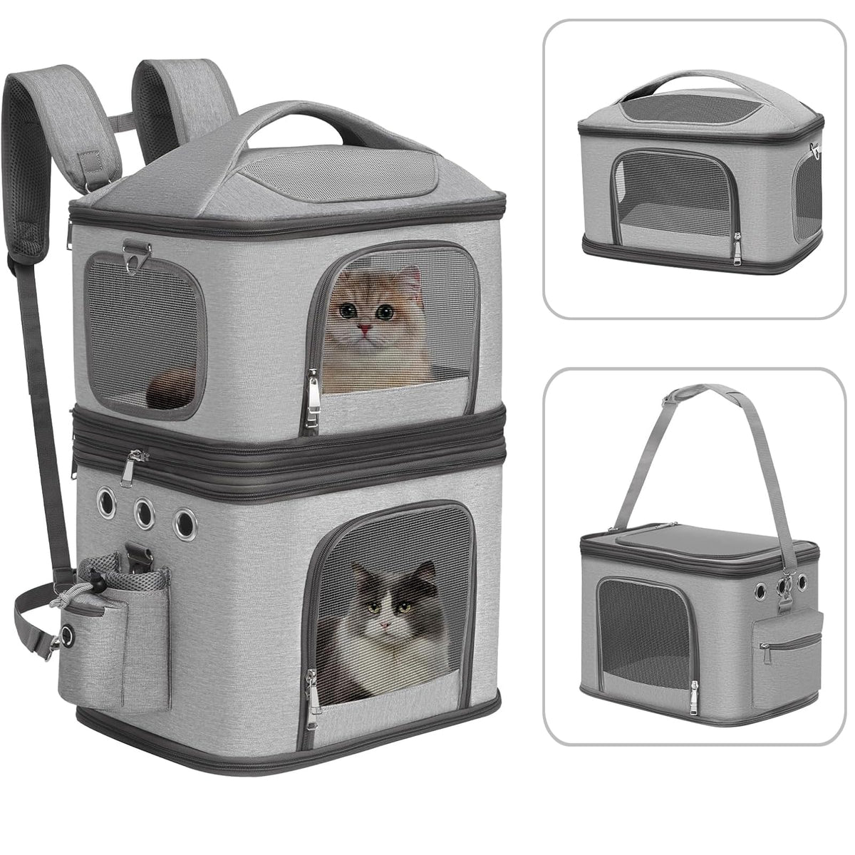 Detachable Double Pet Carrier Backpack for 2 Cats or Dogs, Grey