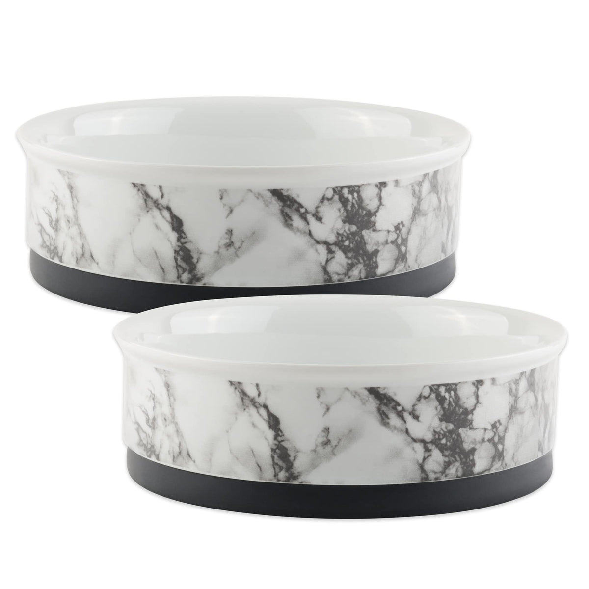 Large White Marble-Look Ceramic Pet Bowls, Set of 2