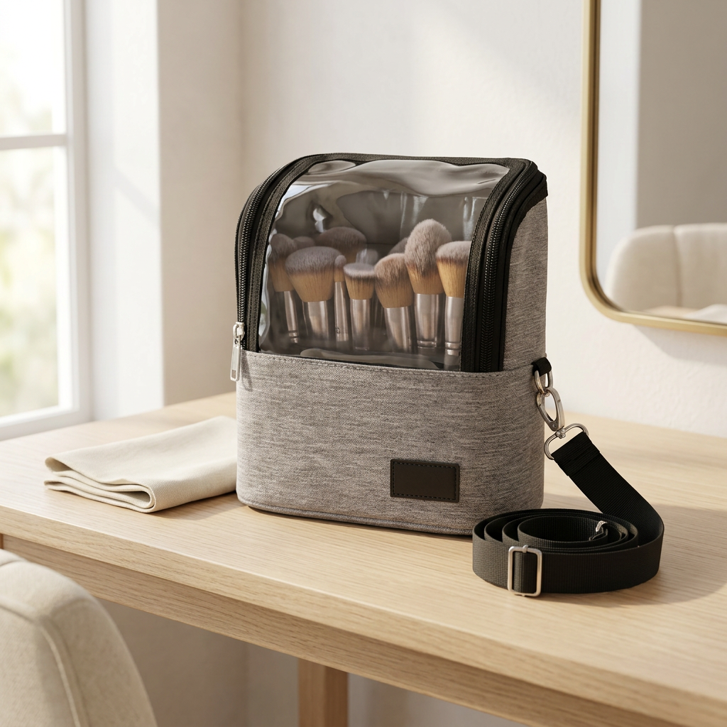 Stand-Up Makeup Brush Bag with Adjustable Dividers and Strap