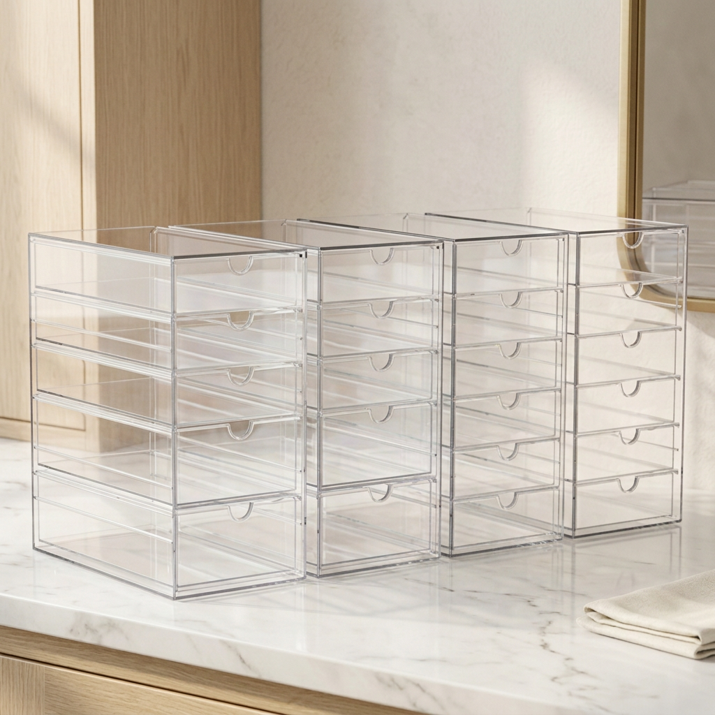 Clear Stackable Makeup Organizer with 22 Drawers, 4-Piece Set