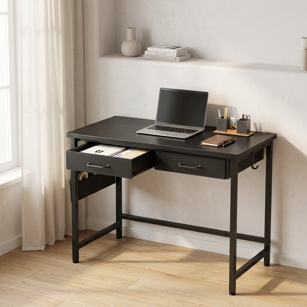 Small Computer Desk with Drawers and Metal Frame, 31.5 in, Black