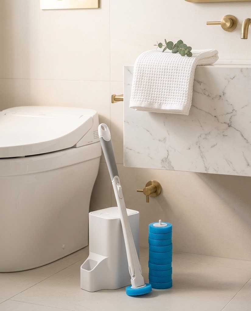 Disposable Toilet Brush System with Snap-On Refill Heads