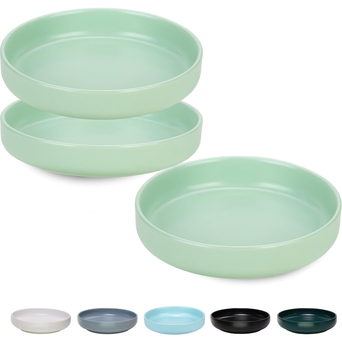 Shallow Matte Ceramic Cat Bowls, 6 in, 9 oz, Set of 3, Mint Green