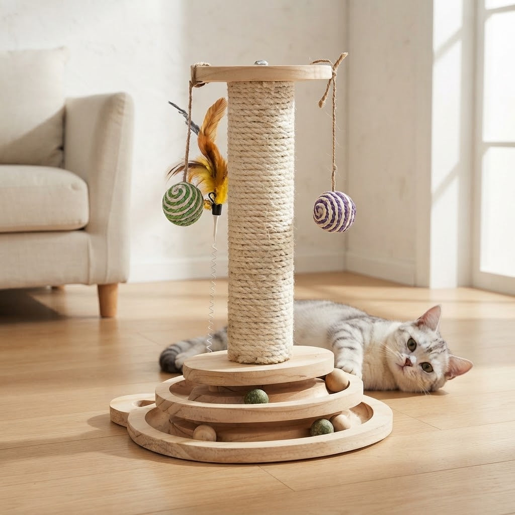 2-Layer Cat Ball Track Toy with Sisal Pole and Feather Wand, Large
