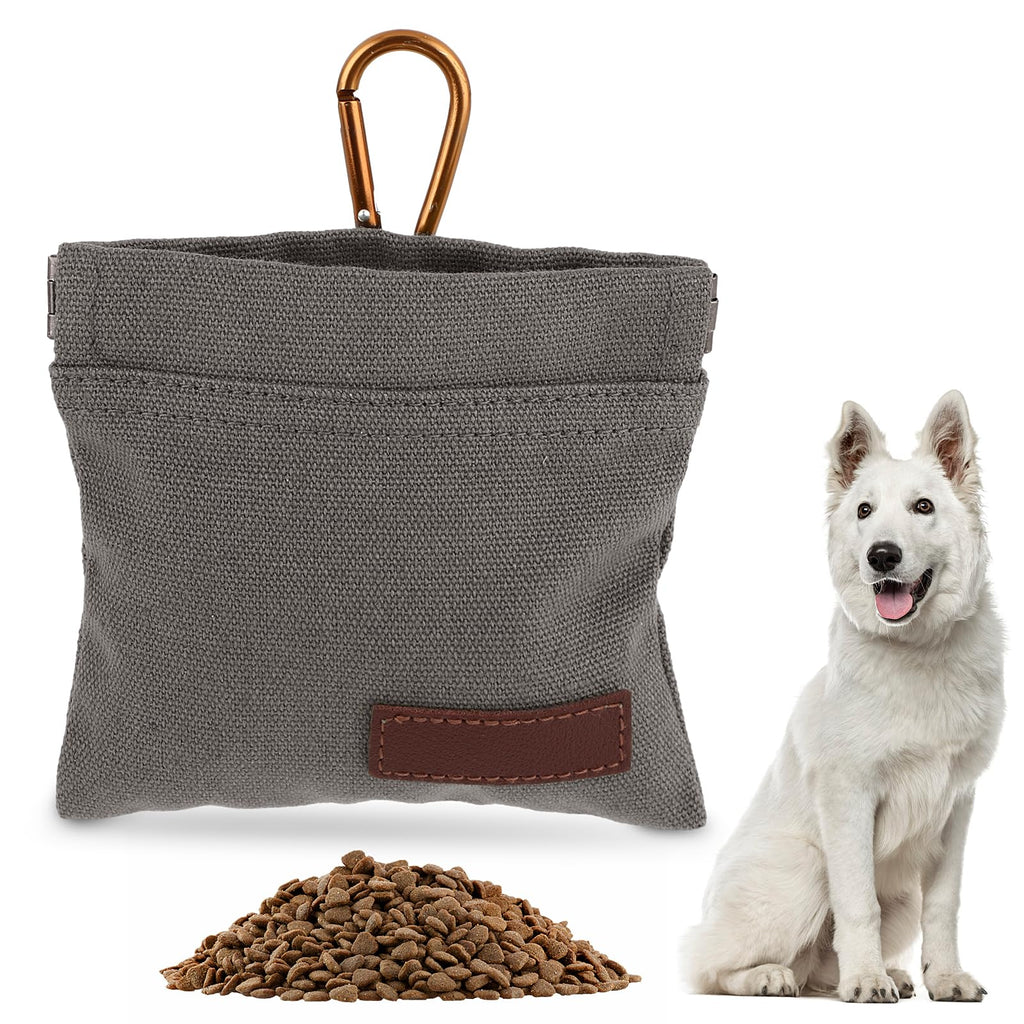 Canvas Dog Treat Pouch with Carabiner and Auto-Close Opening, Grey