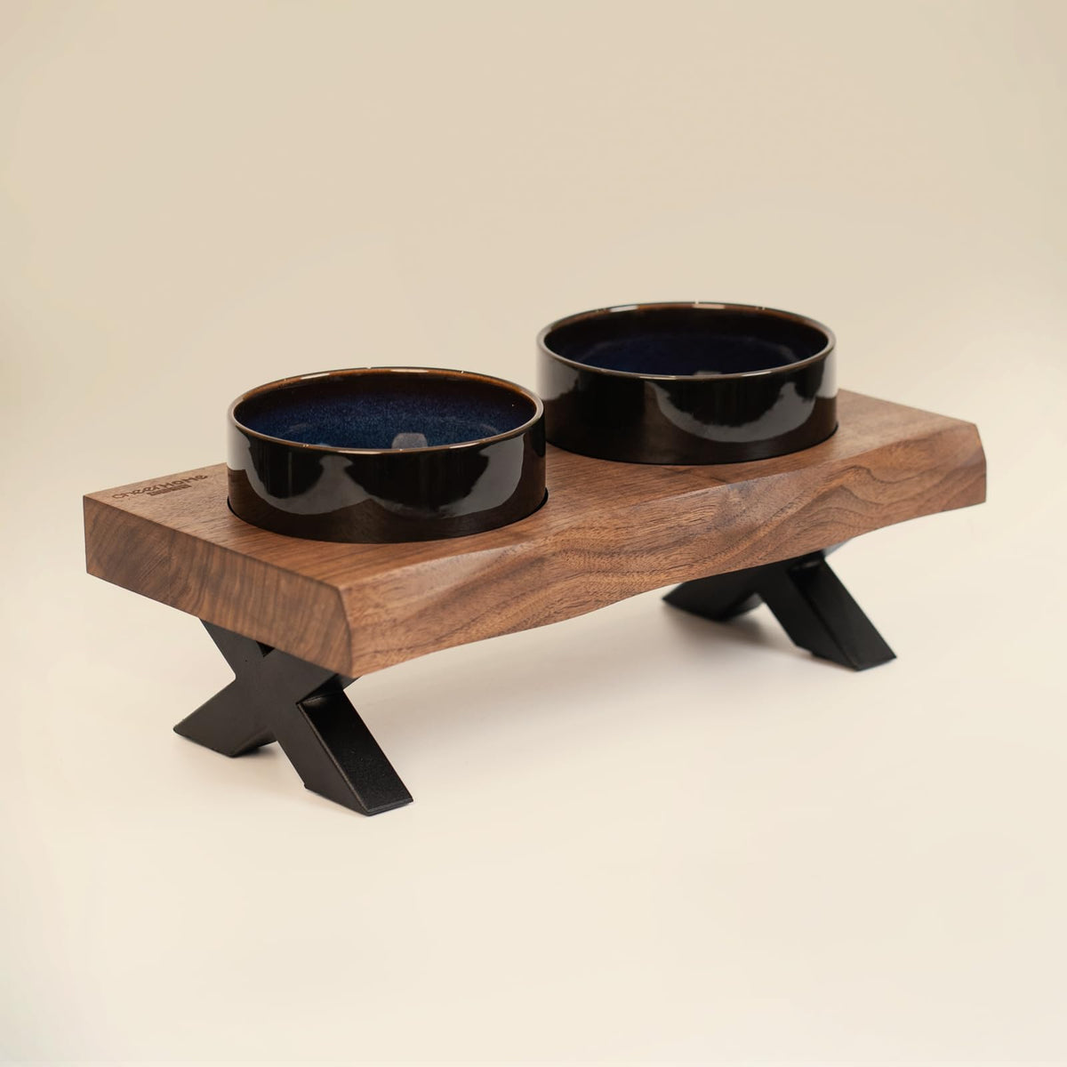 Raised Ceramic Pet Bowls with Solid Wood Stand, Walnut