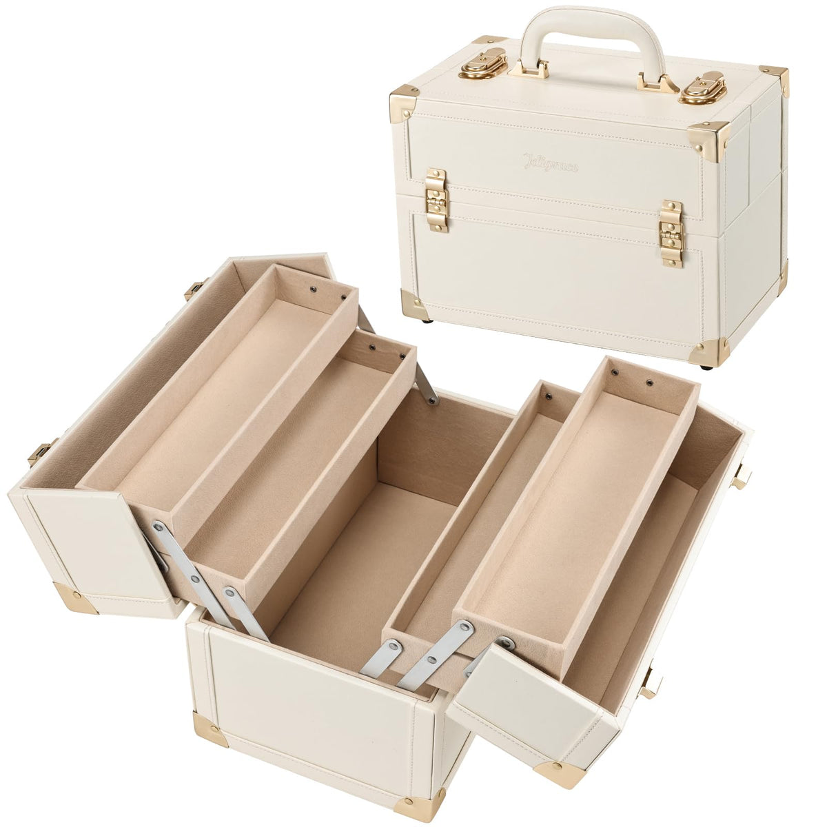 Lockable Makeup Train Case with 4 Long Trays, Champagne Beige