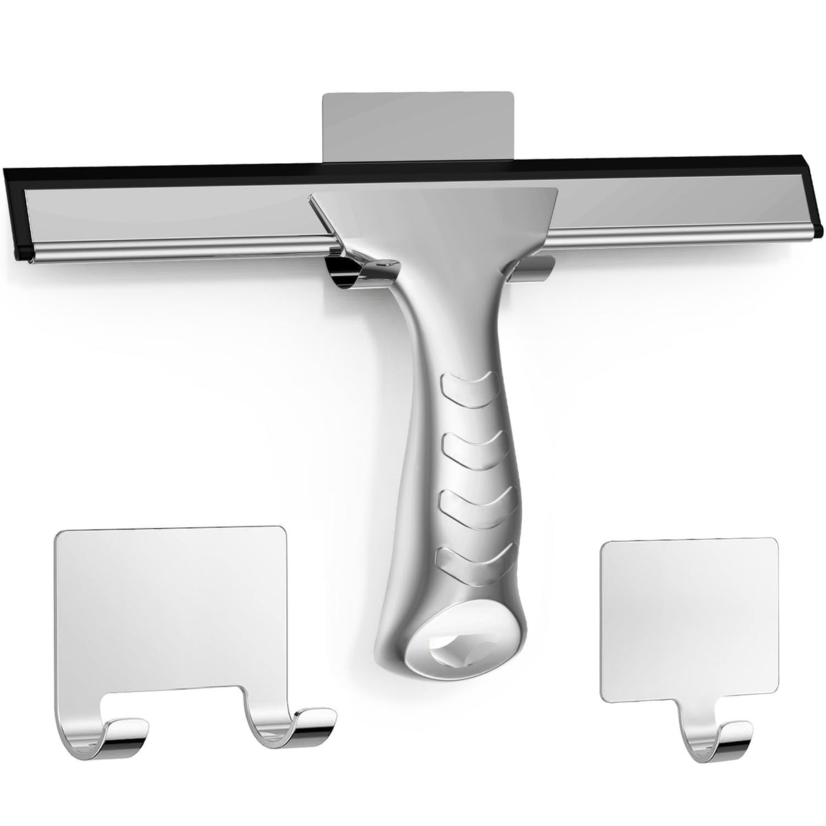 Lightweight Stainless Steel Shower Squeegee with 2 Hooks, 10 in, Silver