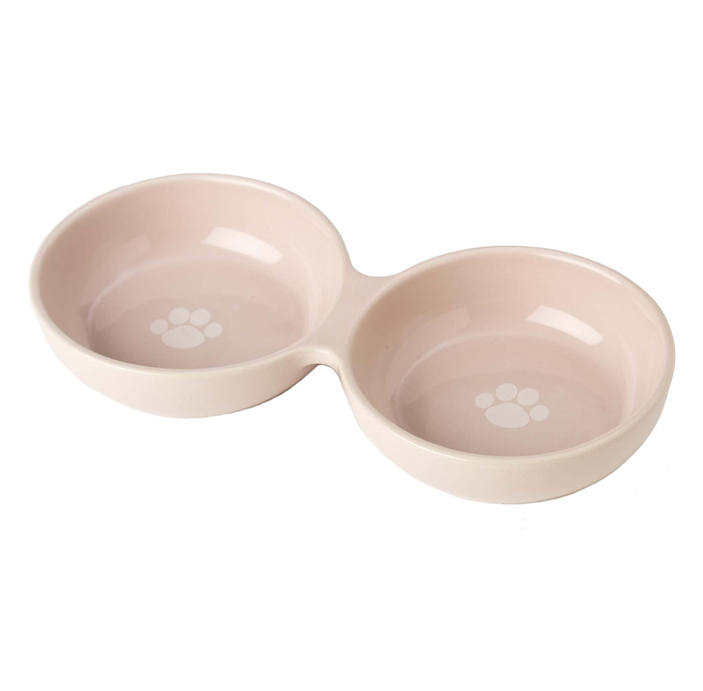 Double Stoneware Pet Diner with Paw Design, 1 Cup per Bowl, Pink