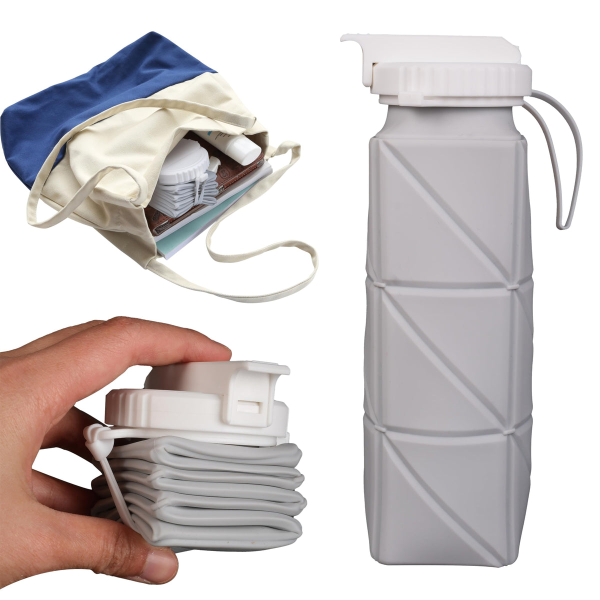 Collapsible Silicone Travel Water Bottle, 600 ml, Grey
