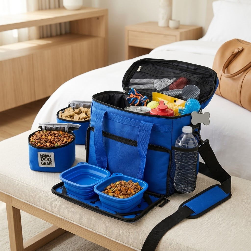 Small Dog Travel Bag with Lined Food Carriers and 2 Bowls, Royal Blue