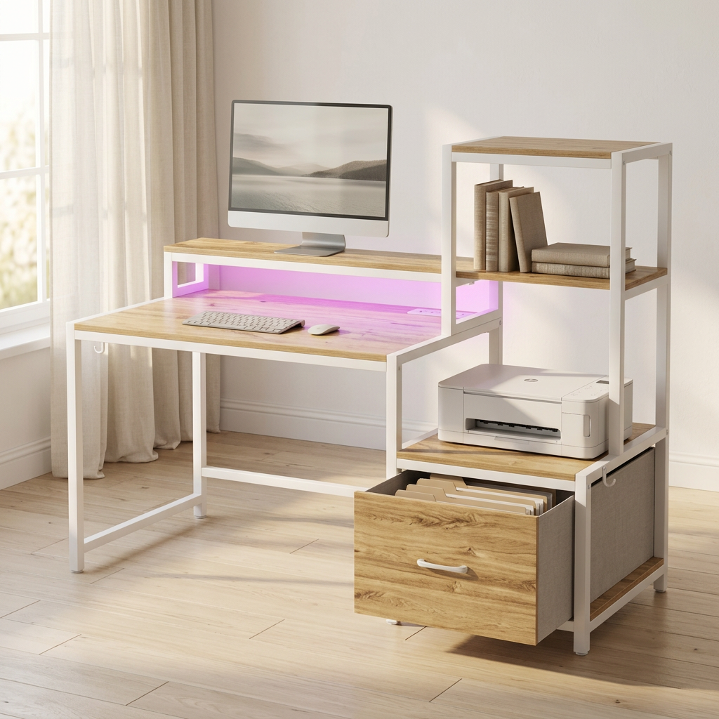 51 in Computer Desk with Storage Shelves, Outlets and LED Lights, Oak